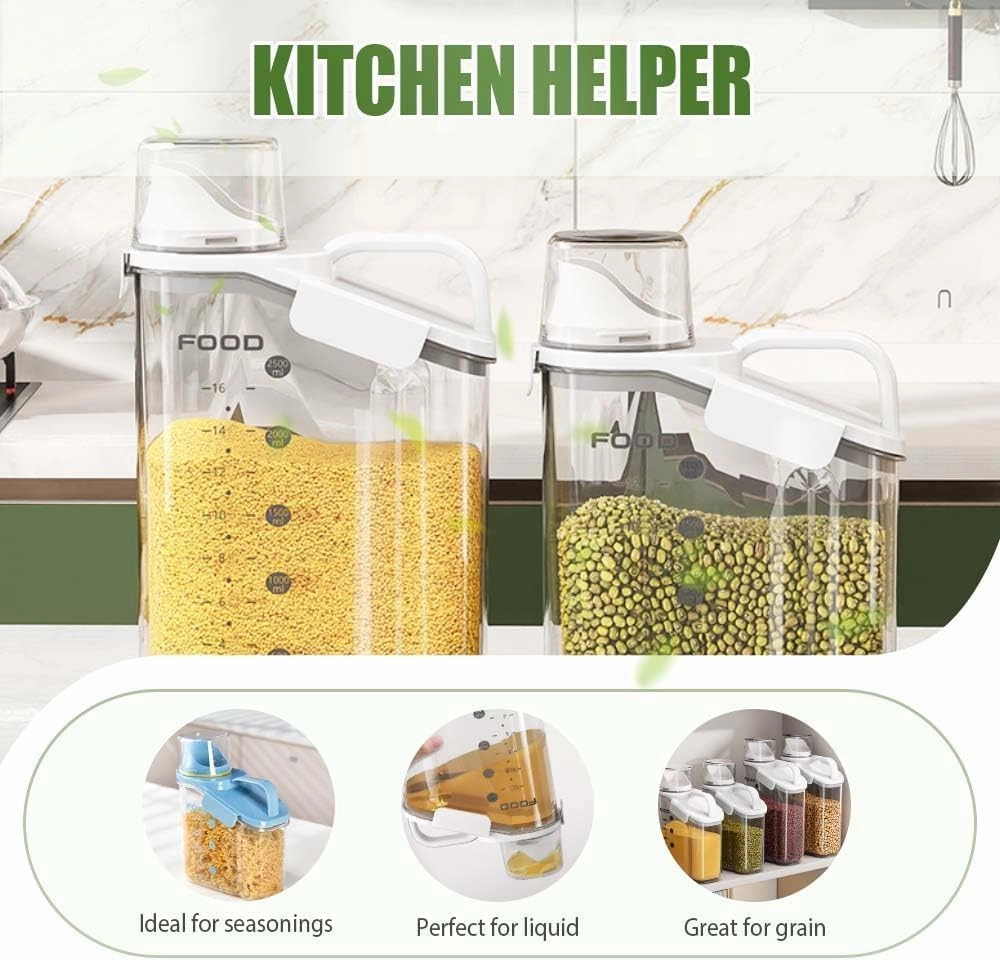 Large Airtight Food Storage Containers, Kitchen Pantry Organization, Clear Cereal Containers with Spout&Measuring Cup, Triple-Lock Lid for Flour, Sugar, Rice&Pet Food (Green,68 oz)