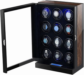 Large Capacity Watch Winder with LED Lights and LCD Touchscreen Wooden Watch Storage Case with Quiet Motor Display Box (12 0)