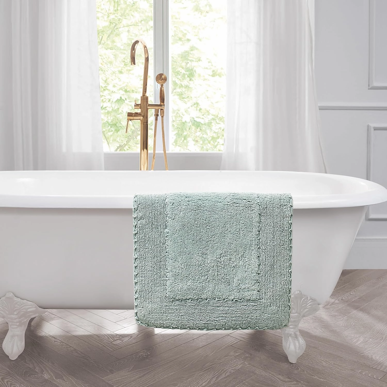 Laura Ashley Ruffle Cotton 17" x 24" Bath Rug, Aqua