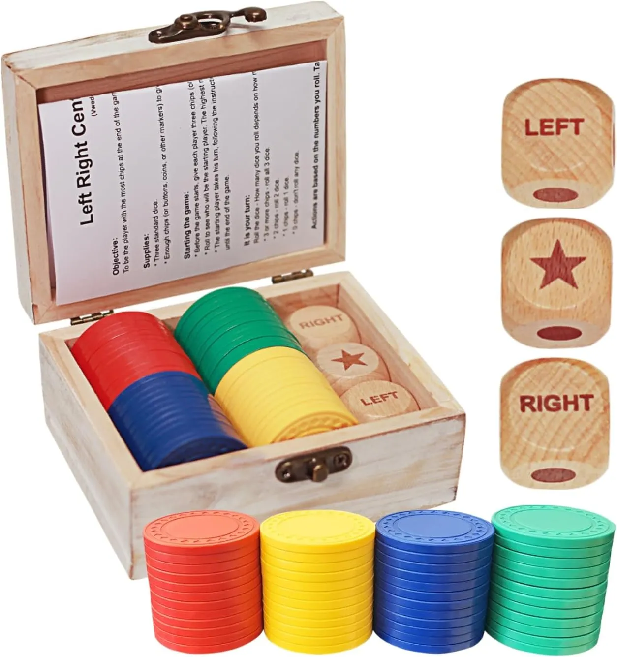 Left Right Center Dice Game Set, 3 1-inch Wood Dice and 48 Thicker Chips in Wooden Storage Box, Portable Travel Dice Games for Family & Friends, White