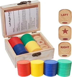 Left Right Center Dice Game Set, 3 1-inch Wood Dice and 48 Thicker Chips in Wooden Storage Box, Portable Travel Dice Games for Family & Friends, White