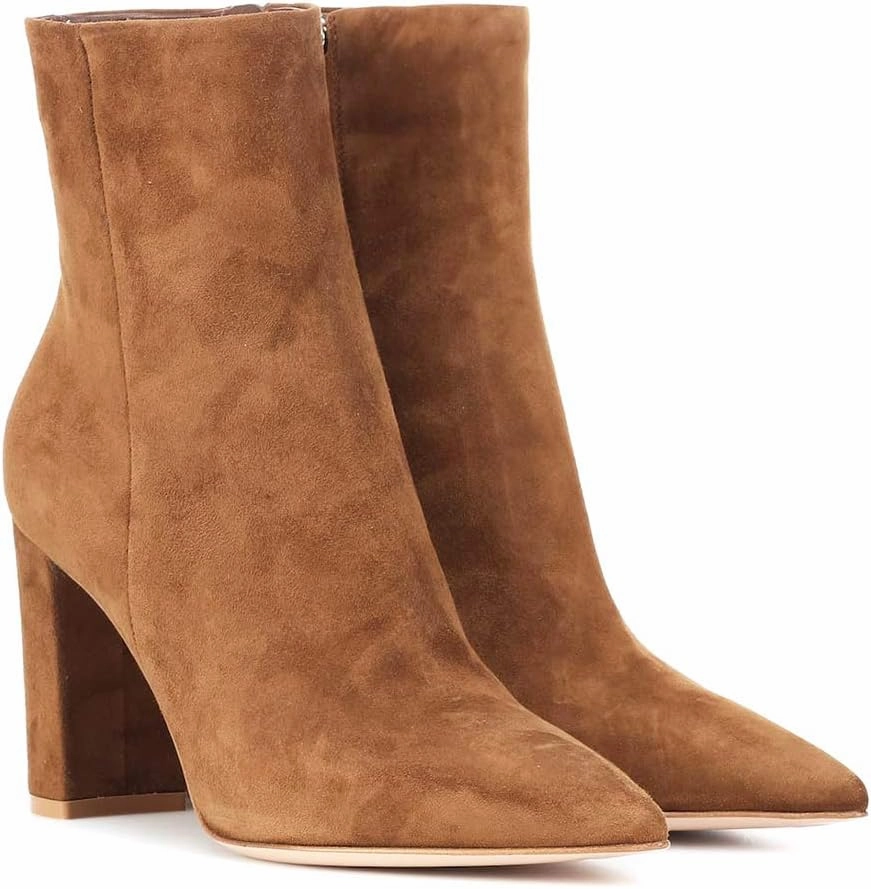 LEHOOR Women Fashion Chunky Block Heel Pointed Toe Ankle Booties Classic Side Zipper Short Boots 4-11 M US