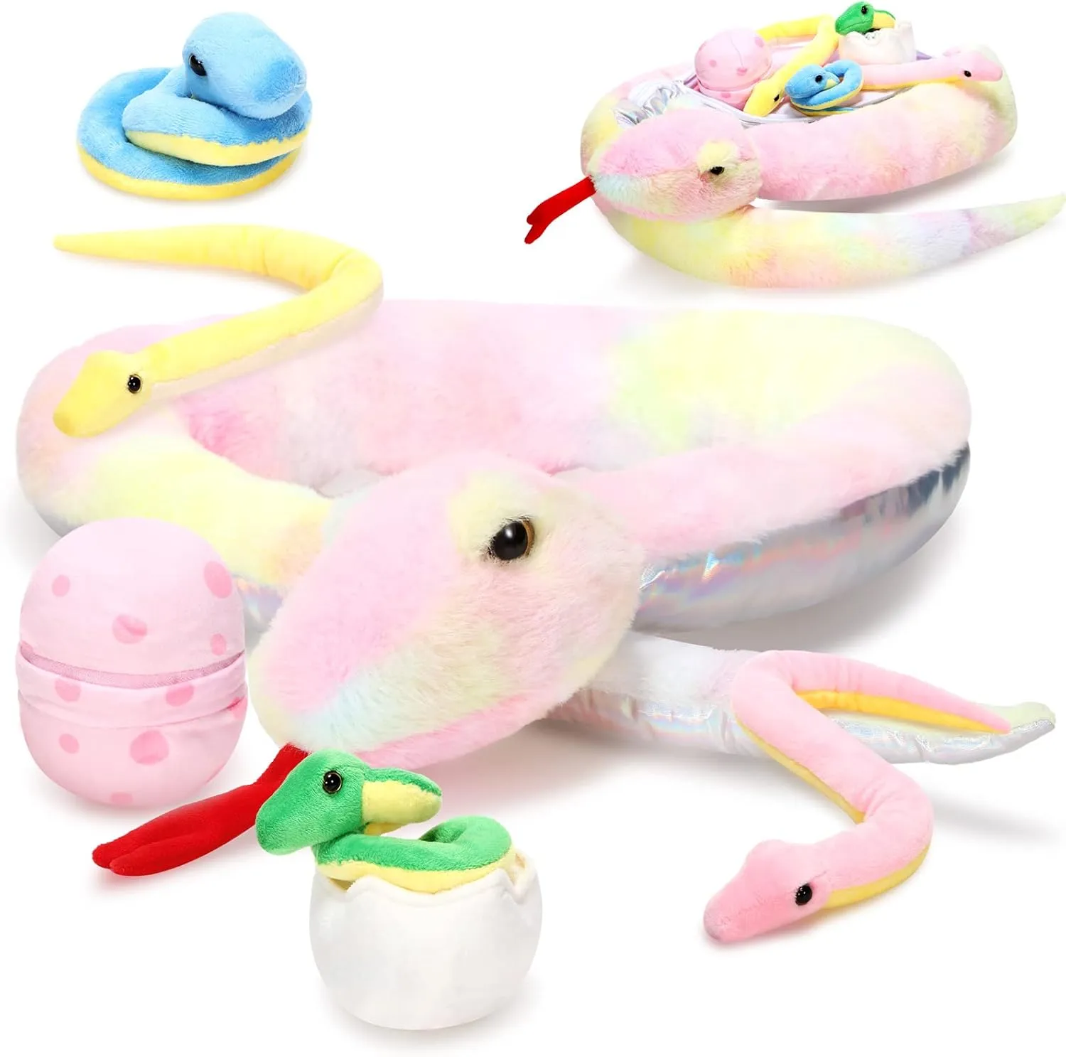 Leitee 7 Pcs Snake Plush Toy Set 63 Inch Large Mommy Snake Stuffed Animal with Cute Baby and Eggs in Zippered Belly for Kids Birthday Forest Party Favors Prank Props Bedroom Decors(Cute Style)