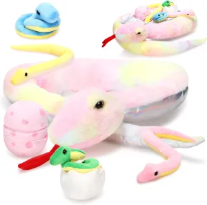 Leitee 7 Pcs Snake Plush Toy Set 63 Inch Large Mommy Snake Stuffed Animal with Cute Baby and Eggs in Zippered Belly for Kids Birthday Forest Party Favors Prank Props Bedroom Decors(Cute Style)