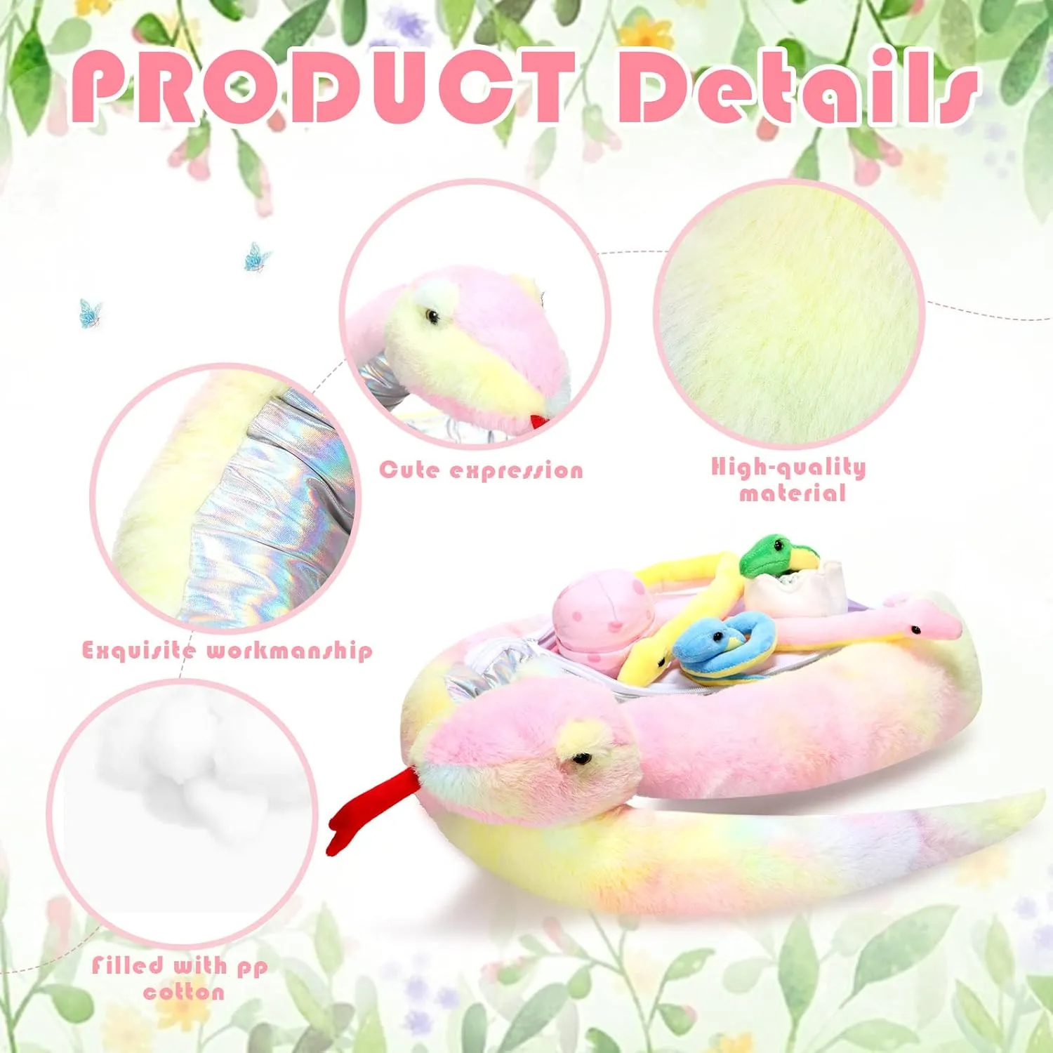 Leitee 7 Pcs Snake Plush Toy Set 63 Inch Large Mommy Snake Stuffed Animal with Cute Baby and Eggs in Zippered Belly for Kids Birthday Forest Party Favors Prank Props Bedroom Decors(Cute Style)