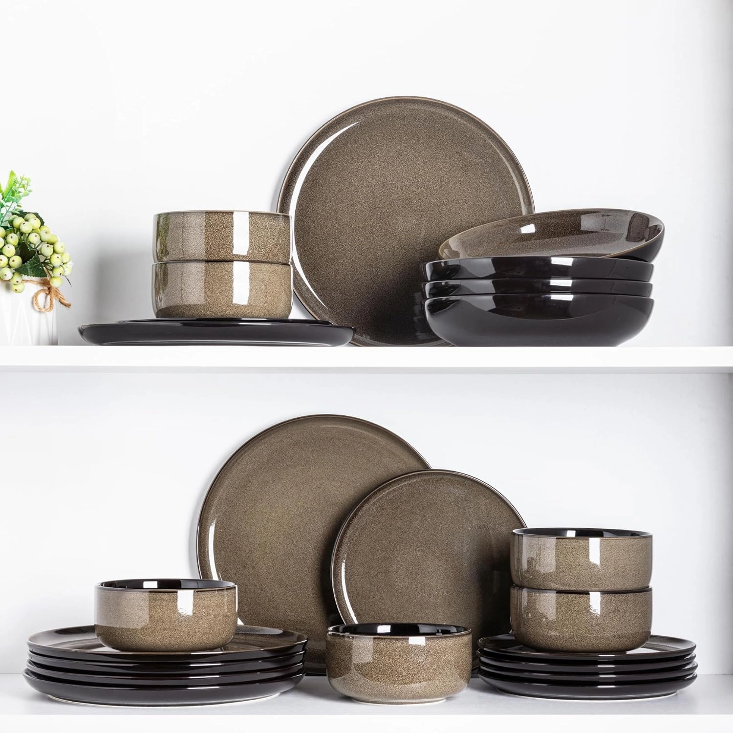 LeRatio Ceramic Dinnerware Sets for 4,12-Piece Plates and Bowls,Handmade Reactive Glaze Dishes Set,Chip Resistant and Scratch Resistant | Oven&Dishwasher & Microwave Safe,Service for 4-Coffee