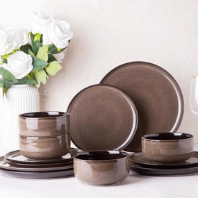 LeRatio Ceramic Dinnerware Sets for 4,12-Piece Plates and Bowls,Handmade Reactive Glaze Dishes Set,Chip Resistant and Scratch Resistant | Oven&Dishwasher & Microwave Safe,Service for 4-Coffee