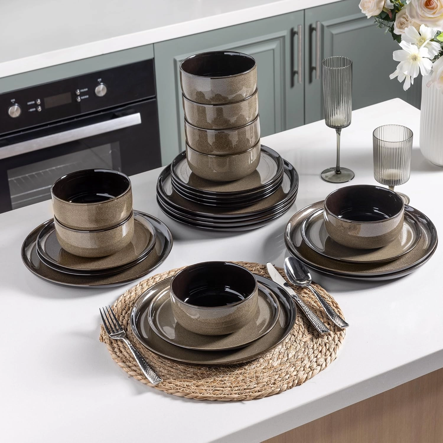 LeRatio Ceramic Dinnerware Sets for 4,12-Piece Plates and Bowls,Handmade Reactive Glaze Dishes Set,Chip Resistant and Scratch Resistant | Oven&Dishwasher & Microwave Safe,Service for 4-Coffee