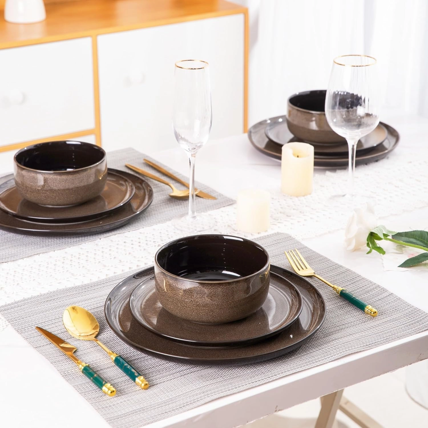 LeRatio Ceramic Dinnerware Sets for 4,12-Piece Plates and Bowls,Handmade Reactive Glaze Dishes Set,Chip Resistant and Scratch Resistant | Oven&Dishwasher & Microwave Safe,Service for 4-Coffee