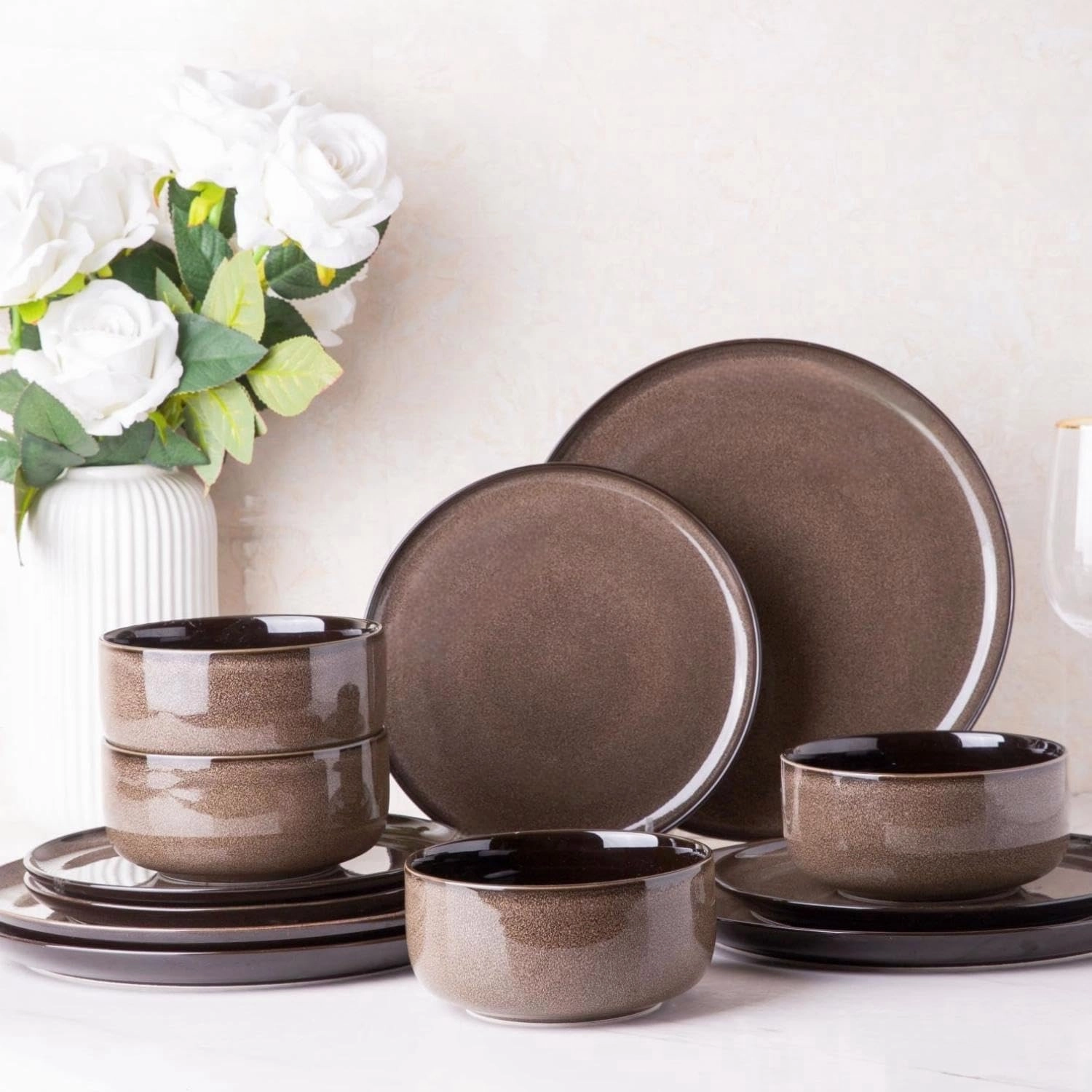 LeRatio Ceramic Dinnerware Sets for 4,12-Piece Plates and Bowls,Handmade Reactive Glaze Dishes Set,Chip Resistant and Scratch Resistant | Oven&Dishwasher & Microwave Safe,Service for 4-Coffee