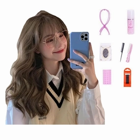 Letuwj Wig female long hair natural black medium length hair wig set Cool brown seven-piece set one size