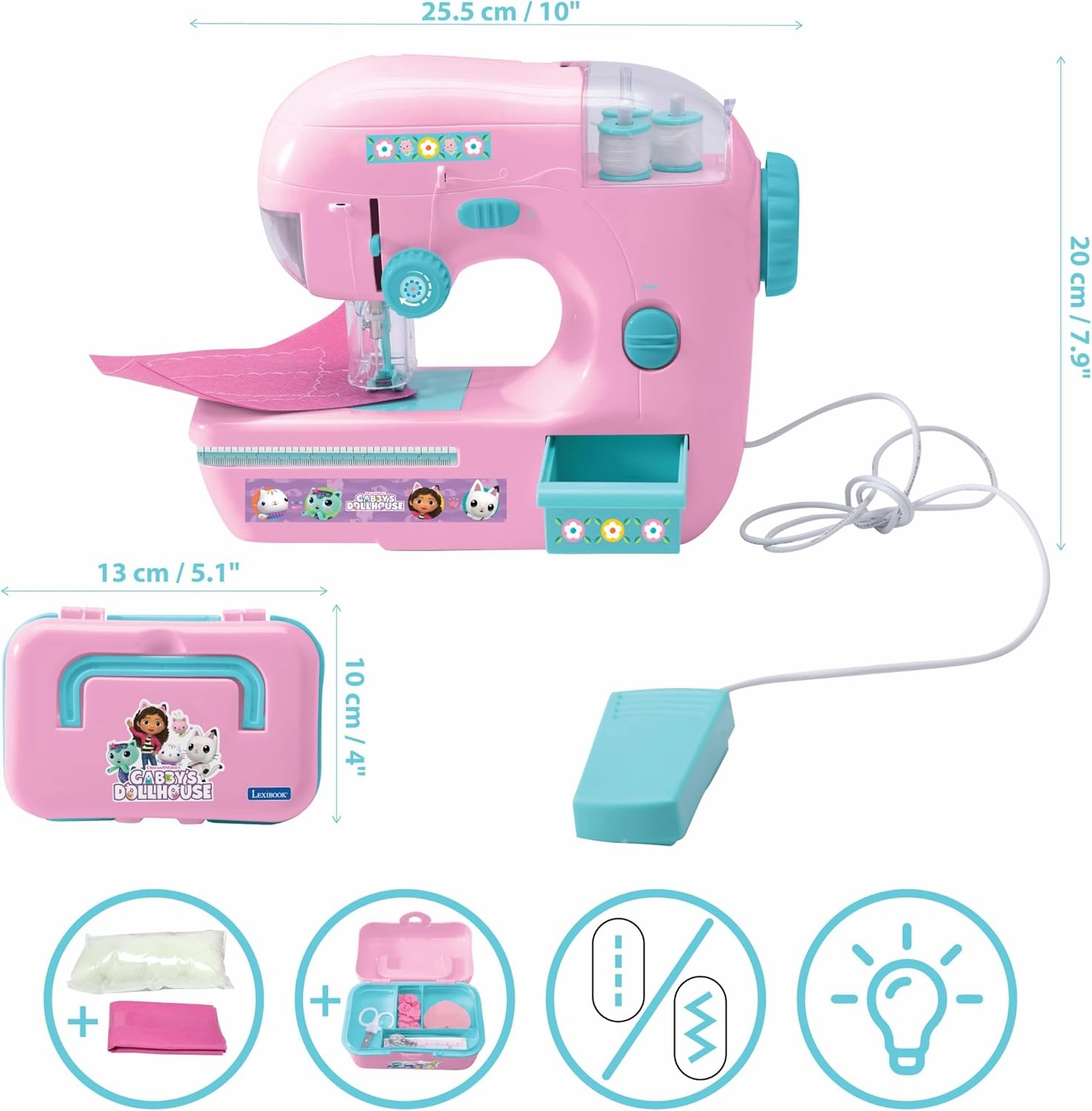Lexibook, Gabby's Dollhouse Sewing Machine with Accessories, Light and Pedal, Role Toy, Fashion Design Set, Pink, SW100GDH