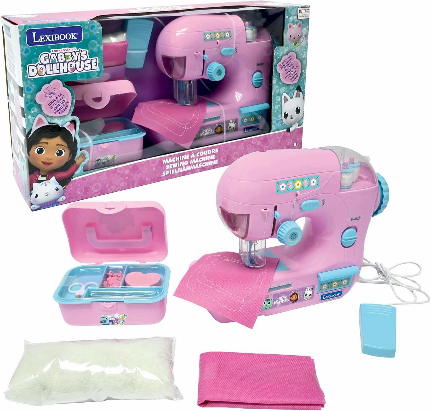 Lexibook, Gabby's Dollhouse Sewing Machine with Accessories, Light and Pedal, Role Toy, Fashion Design Set, Pink, SW100GDH