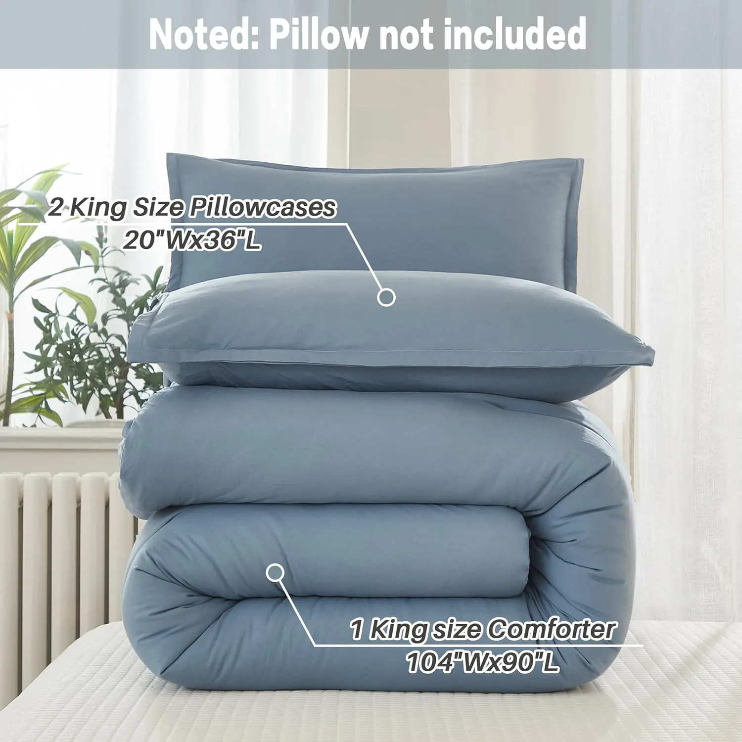 Litanika King Comforter Set Grayish Blue, 3 Pieces Lightweight Solid Bedding Comforter Set, All Season Fluffy Bed Set (104x90In Comforter & 2 Pillowcases)