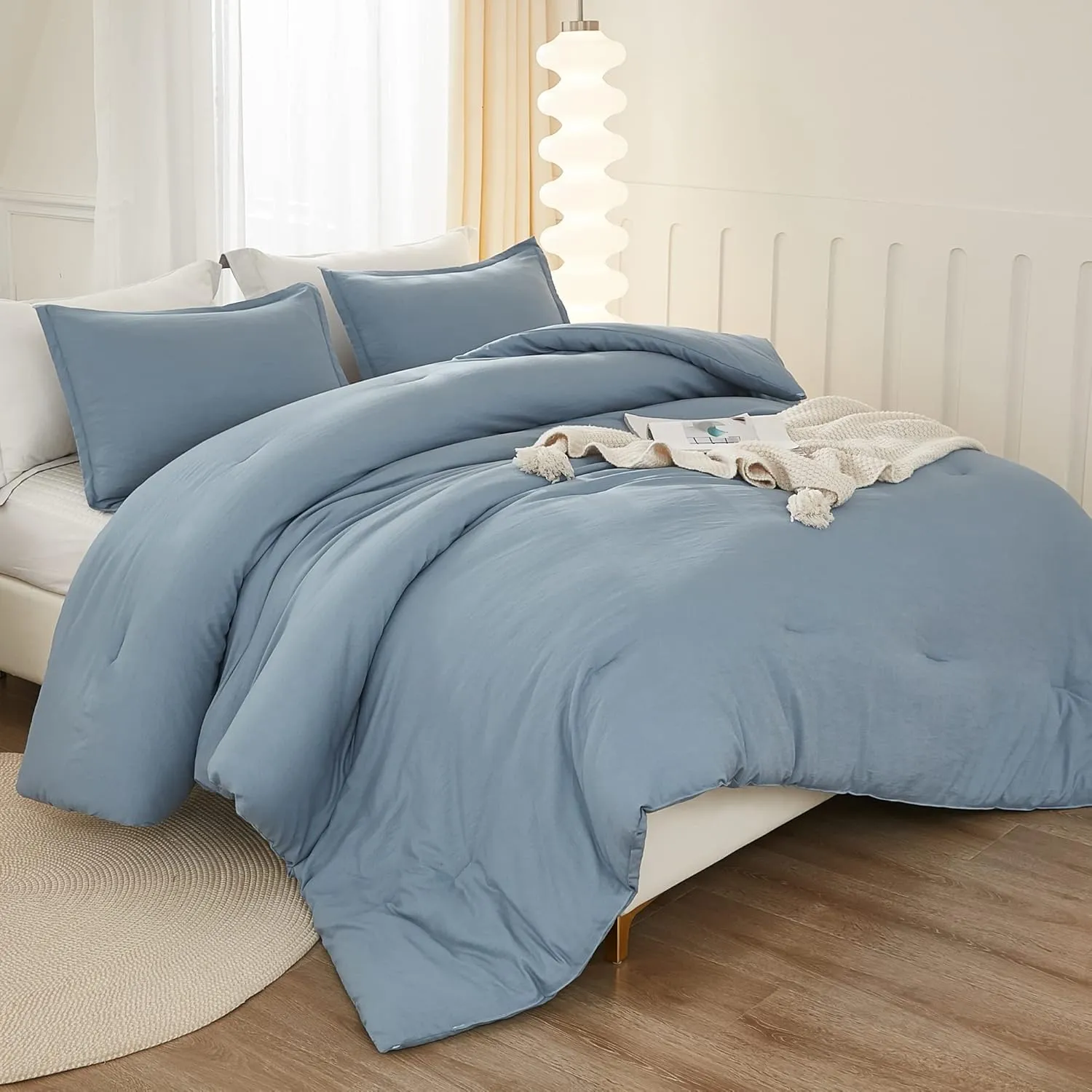 Litanika King Comforter Set Grayish Blue, 3 Pieces Lightweight Solid Bedding Comforter Set, All Season Fluffy Bed Set (104x90In Comforter & 2 Pillowcases)