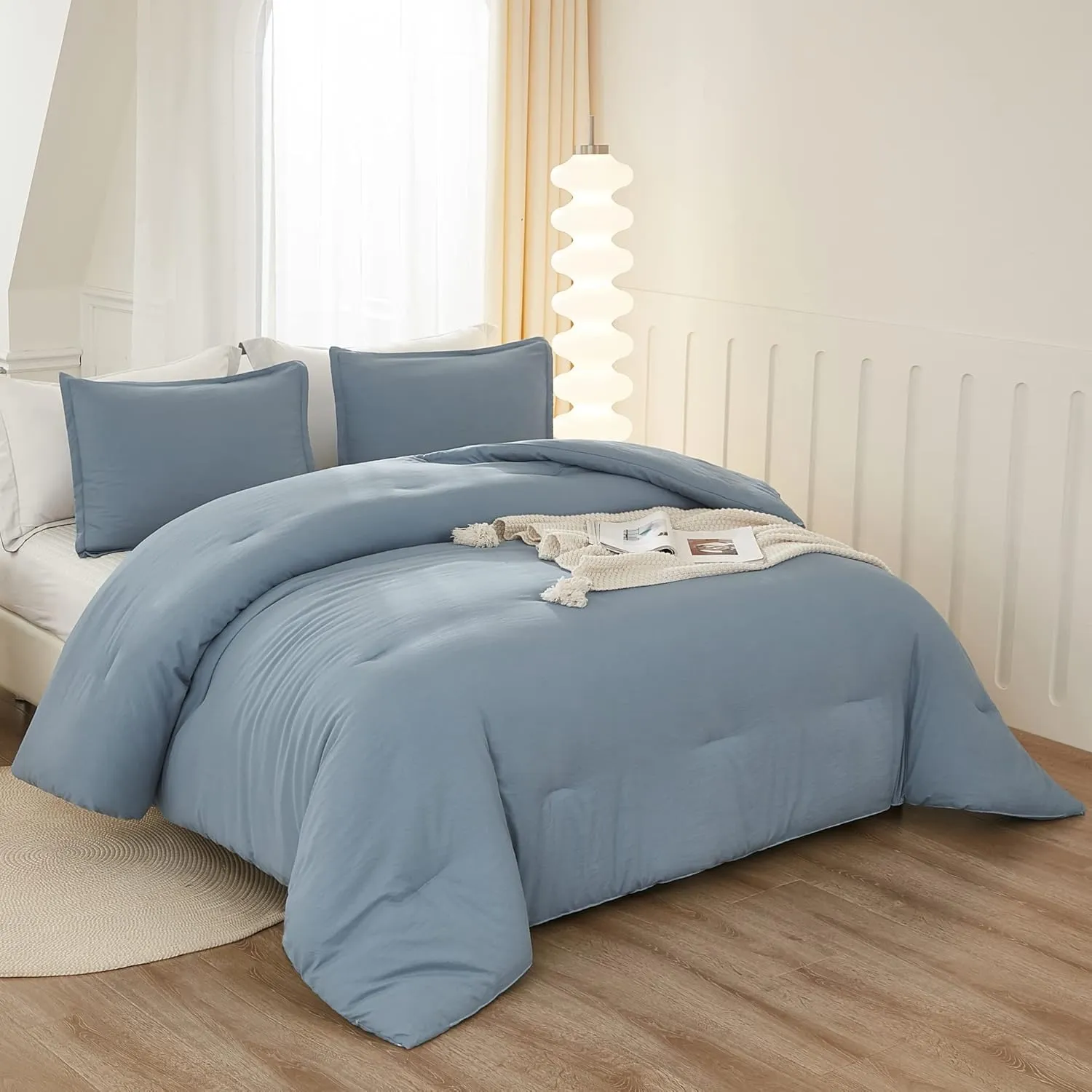 Litanika King Comforter Set Grayish Blue, 3 Pieces Lightweight Solid Bedding Comforter Set, All Season Fluffy Bed Set (104x90In Comforter & 2 Pillowcases)
