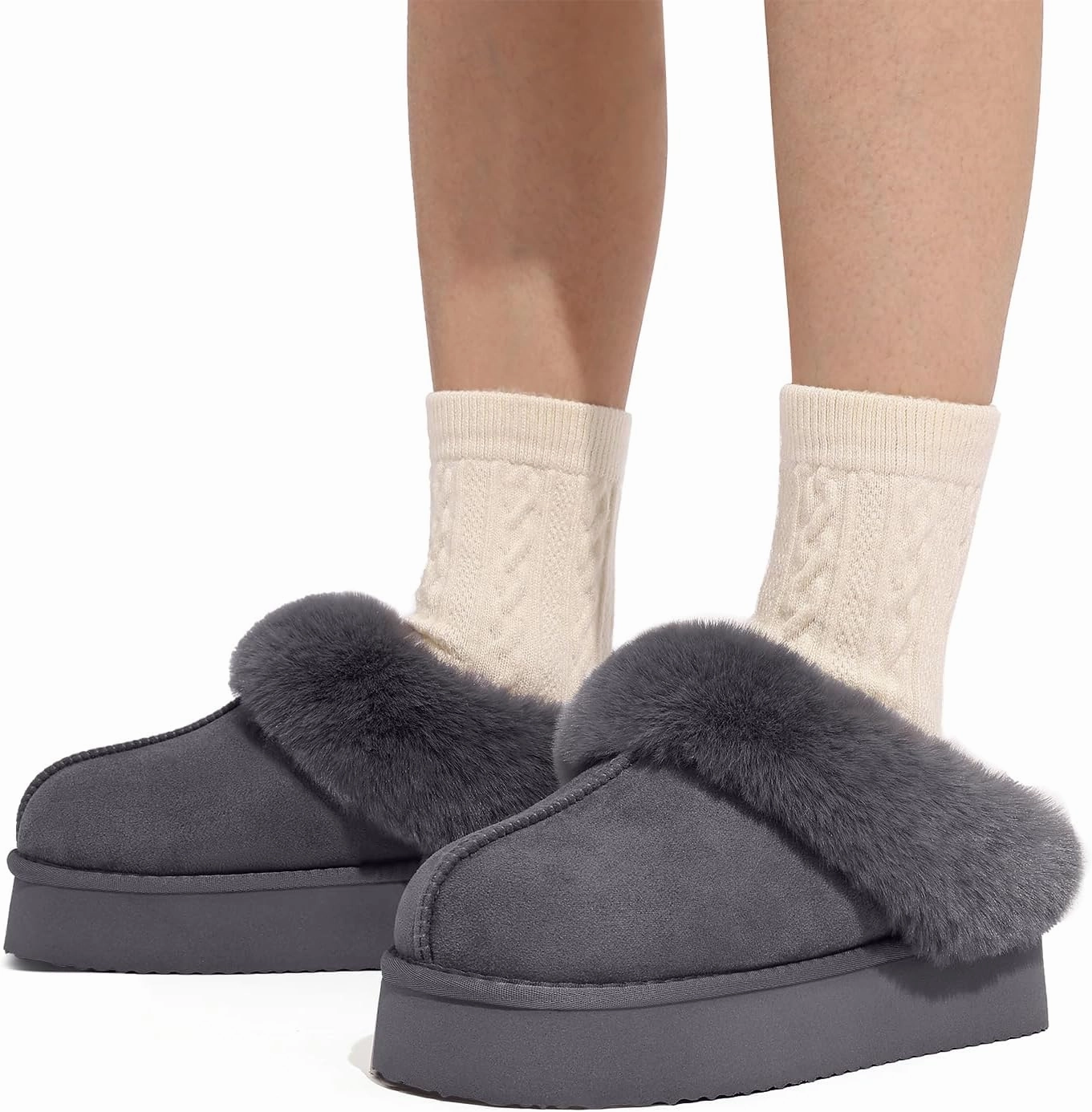 Litfun Fuzzy Platform Slippers for Women Comfy Winter House Shoes with Memory Foam Indoor Outdoor