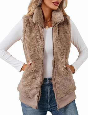 LOMON Womens Fuzzy Fleece Vest, Casual Warm Sleeveless Zip Up Sherpa Vest Jacket with Pockets for Fall/Winter