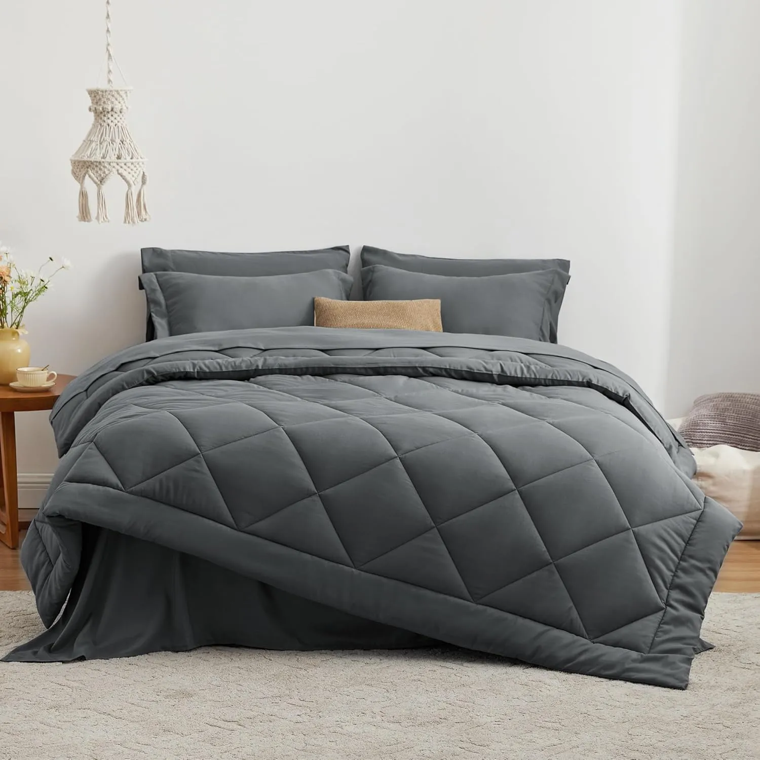 Love's cabin Full Comforter Set Dark Grey, 7 Pieces Full Bed in a Bag, All Season Bedding Sets with 1 Comforter, 1 Flat Sheet, 1 Fitted Sheet, 2 Pillowcase and 2 Pillow Sham