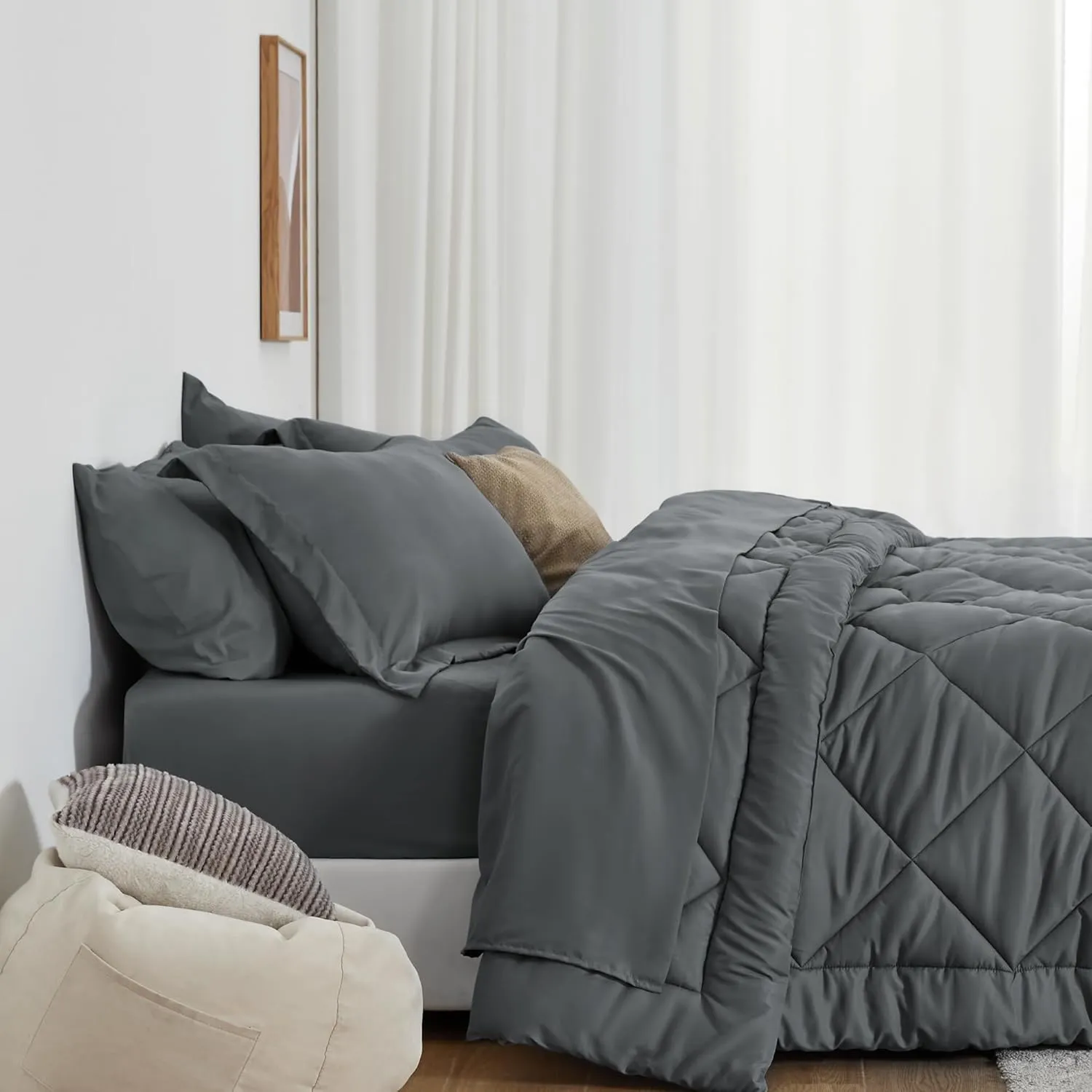 Love's cabin Full Comforter Set Dark Grey, 7 Pieces Full Bed in a Bag, All Season Bedding Sets with 1 Comforter, 1 Flat Sheet, 1 Fitted Sheet, 2 Pillowcase and 2 Pillow Sham