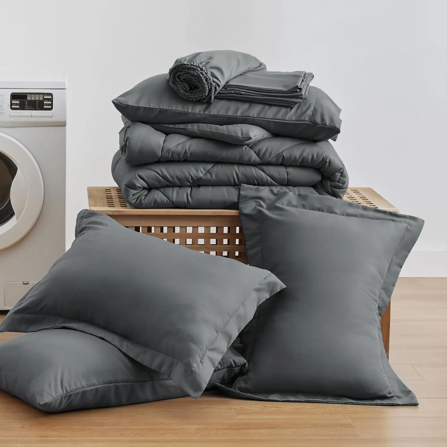 Love's cabin Full Comforter Set Dark Grey, 7 Pieces Full Bed in a Bag, All Season Bedding Sets with 1 Comforter, 1 Flat Sheet, 1 Fitted Sheet, 2 Pillowcase and 2 Pillow Sham