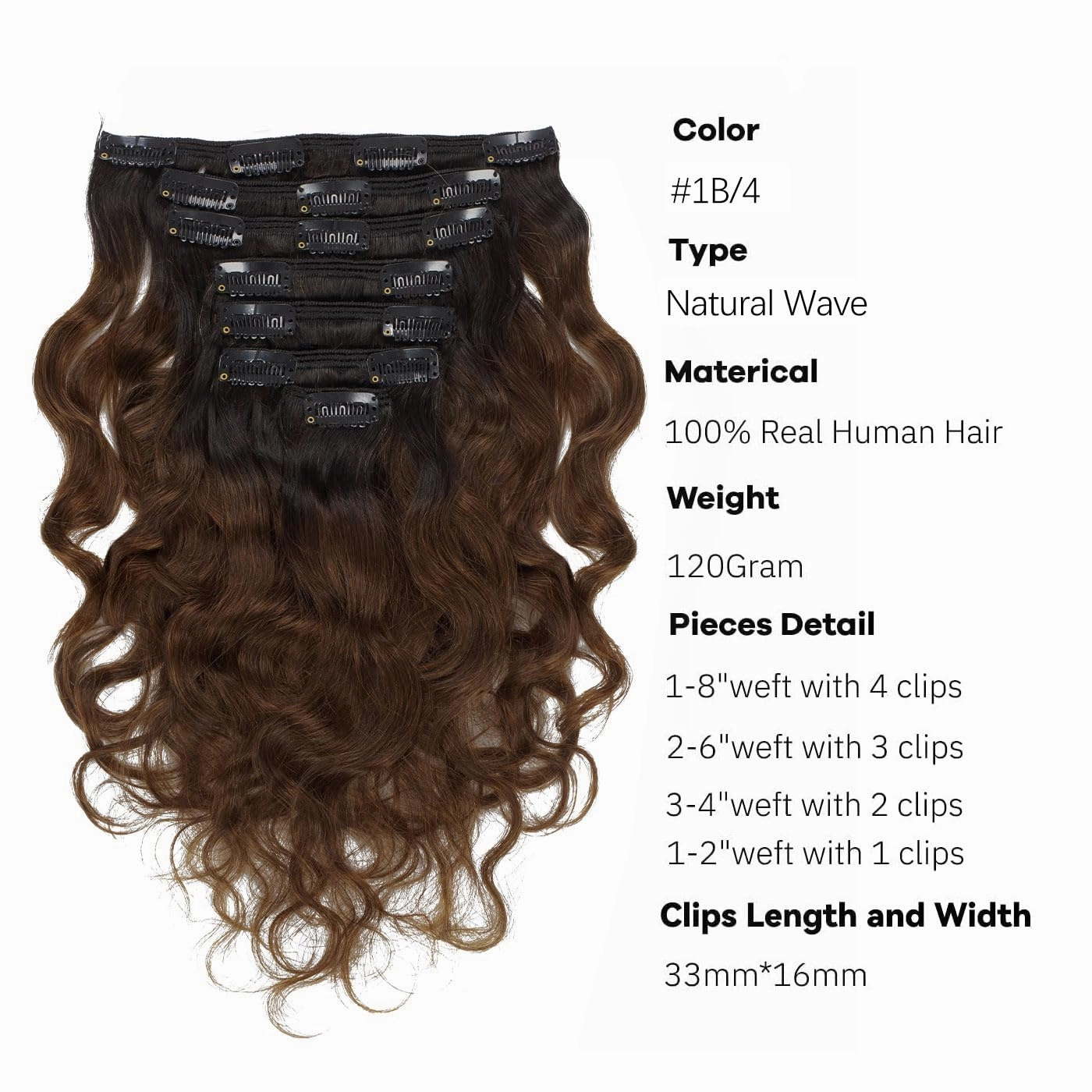 Loxxy Clip in Human Hair Extensions Natural Color Virgin Remy Human Hair Extensions #1B/4 Off Black to Dark Brown with Double Weft 120g/set 7Pcs/lot And 17 Clips Per Pack(18inch Natural Wave)