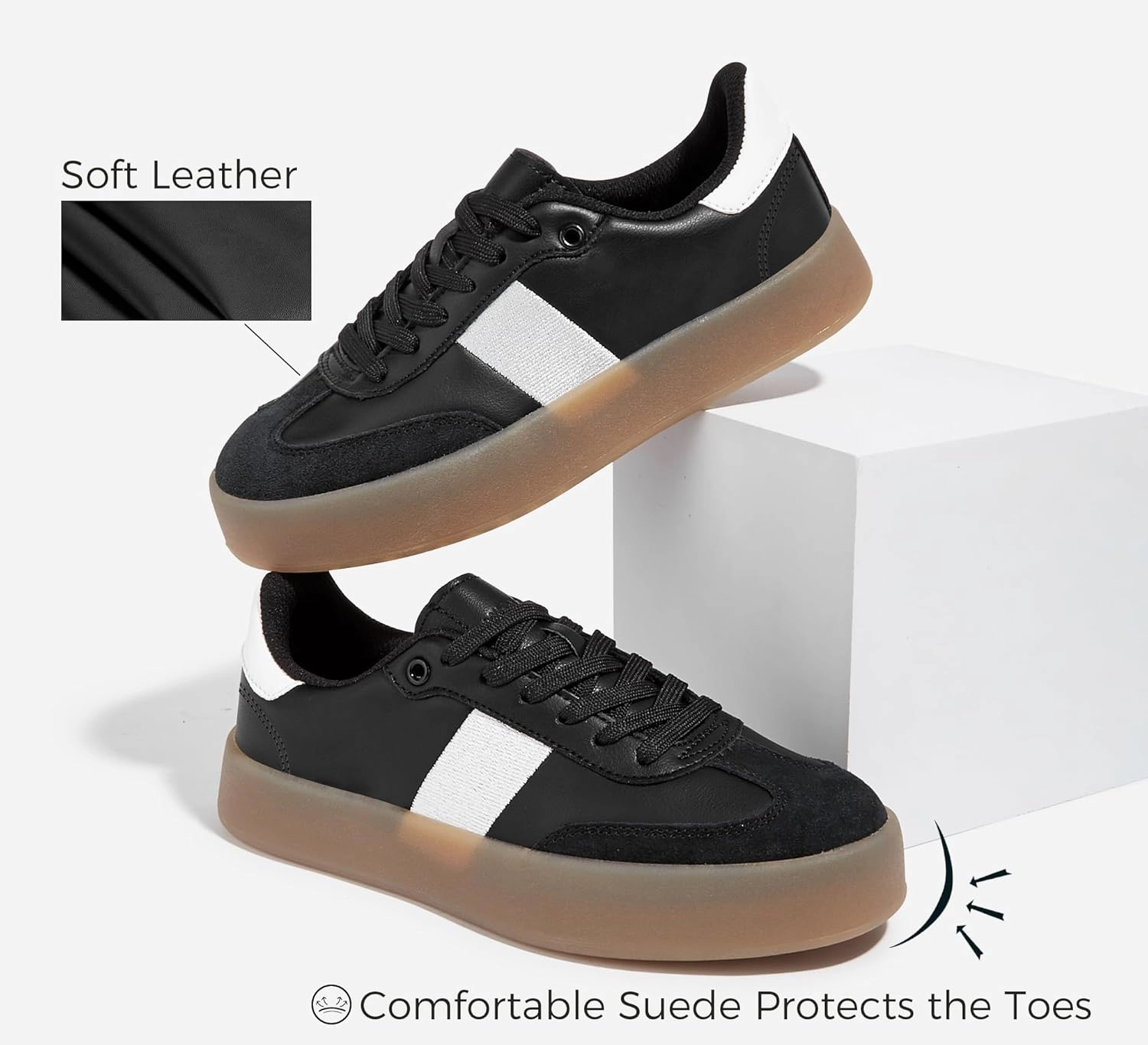 LUCKY STEP Women's Retro Sneakers Fashion Classic Casual Tennis Platform Gum Sole Anti Slip Footwear Faux Leather Trainers Walking Skate Shoes