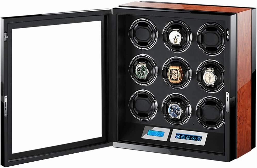Luxury Automatic Watch Winder LCD Touch Screen Display Super Quiet Motor Wooden Piano Finish with Remote Control & LED Elegant Showcase (9 0)