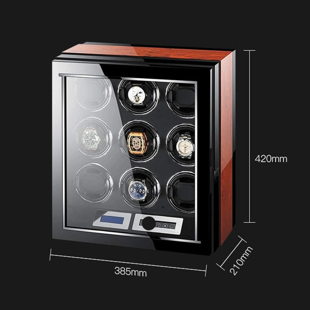 Luxury Automatic Watch Winder LCD Touch Screen Display Super Quiet Motor Wooden Piano Finish with Remote Control & LED Elegant Showcase (9 0)