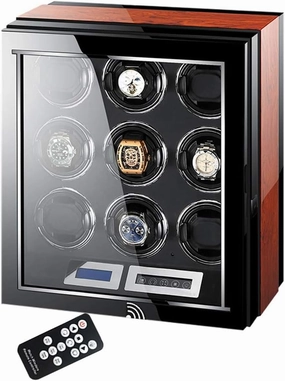 Luxury Automatic Watch Winder LCD Touch Screen Display Super Quiet Motor Wooden Piano Finish with Remote Control & LED Elegant Showcase (9 0)