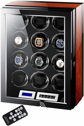 Luxury Automatic Watch Winder LCD Touch Screen Display Super Quiet Motor Wooden Piano Finish with Remote Control & LED Elegant Showcase