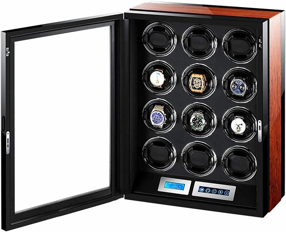 Luxury Automatic Watch Winder LCD Touch Screen Display Super Quiet Motor Wooden Piano Finish with Remote Control & LED Elegant Showcase