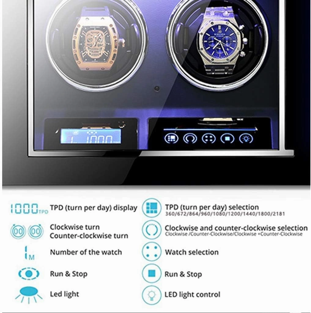 Luxury Automatic Watch Winder LCD Touch Screen Display Super Quiet Motor Wooden Piano Finish with Remote Control & LED Elegant Showcase