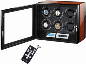 Luxury Watch Winders Automatic LCD Touch Screen Display,for 6 Watches Wooden Piano Finish,with Remote Control Built-in Illumination Winding Spaces Powered