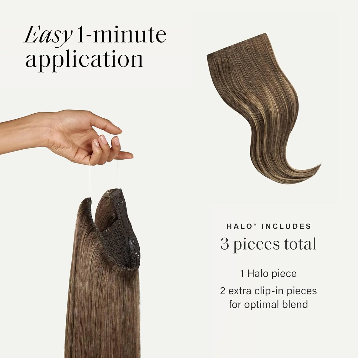 Luxy 100% Remy Human Hair – Halo Clip-In Hair Extensions –Natural Looking Volume & Length - One-Piece - Easy 5-Min Application 180 grams 20" Ash Brown Balayage