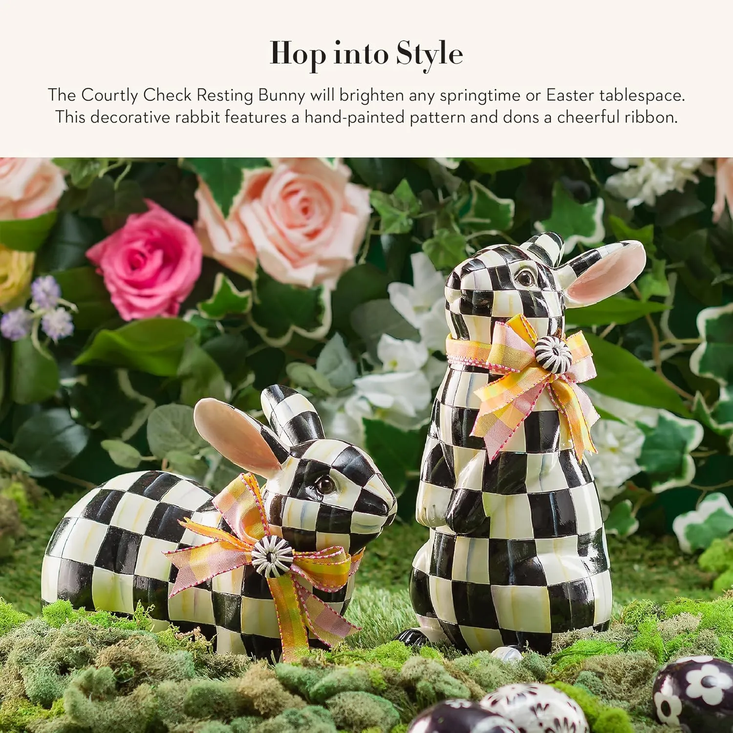 MACKENZIE-CHILDS Bunny Figurine, Rabbit Figurine Decoration for Spring, Resting, Courtly Check