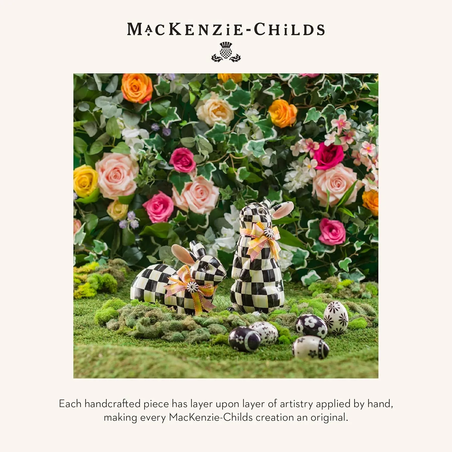 MACKENZIE-CHILDS Bunny Figurine, Rabbit Figurine Decoration for Spring, Resting, Courtly Check