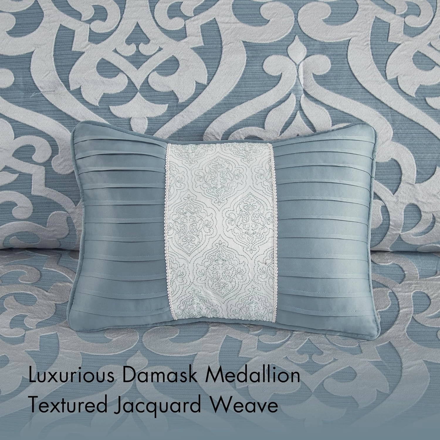 Madison Park Odette Cozy King Size Comforter Set Jacquard Damask Medallion Design - Modern All Season, Down Alternative Bedding, Shams, Decorative Pillows, King(104 in x 92 in), Aqua