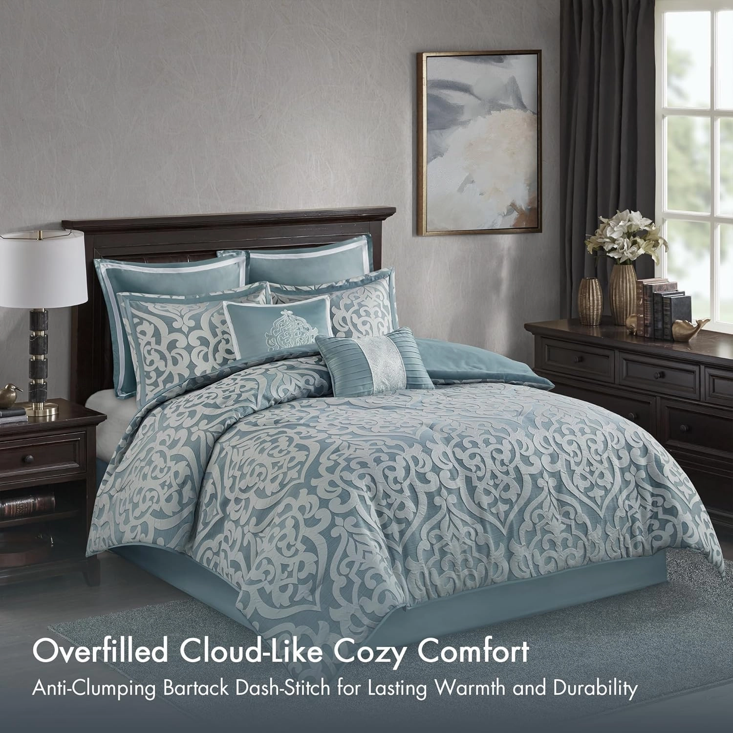 Madison Park Odette Cozy King Size Comforter Set Jacquard Damask Medallion Design - Modern All Season, Down Alternative Bedding, Shams, Decorative Pillows, King(104 in x 92 in), Aqua