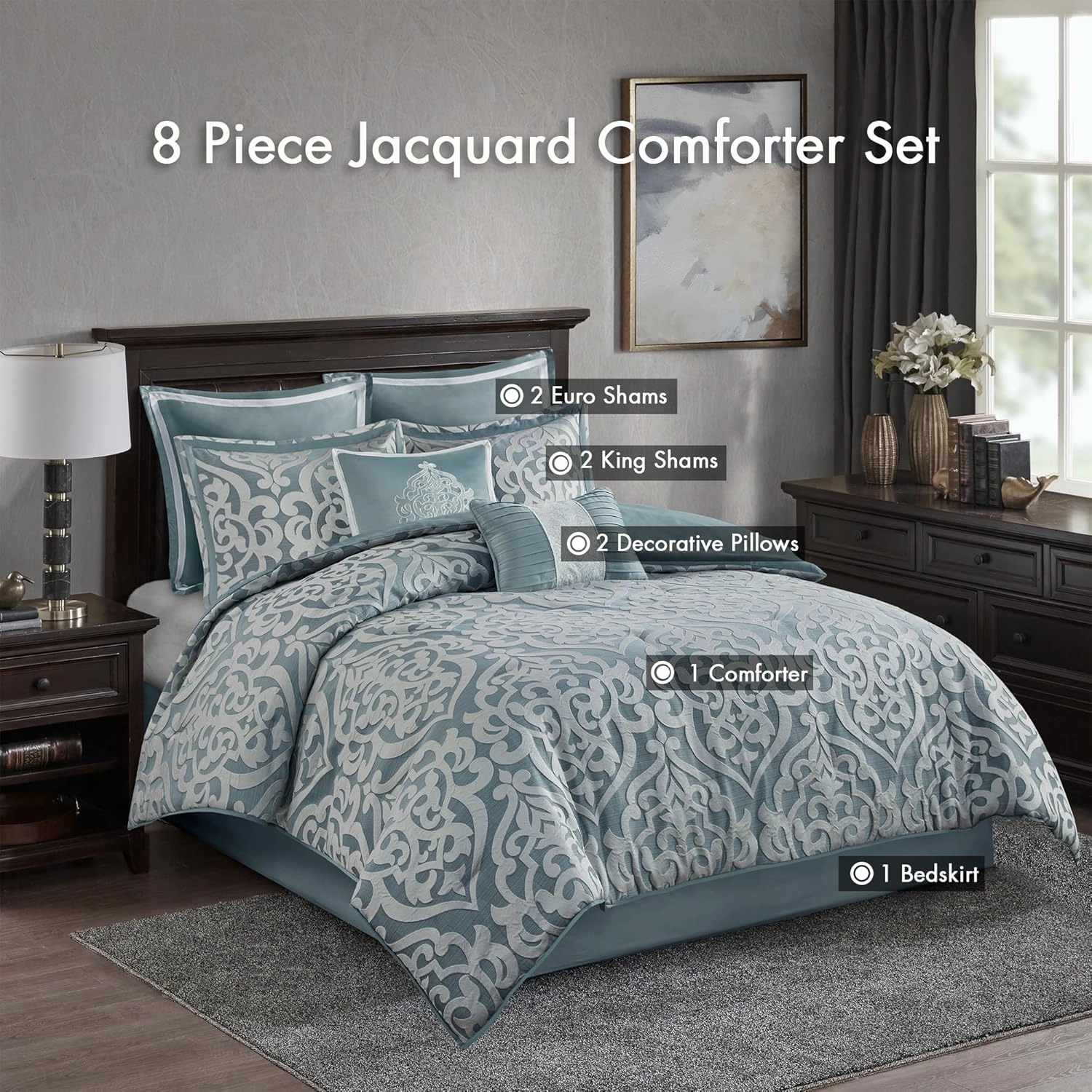 Madison Park Odette Cozy King Size Comforter Set Jacquard Damask Medallion Design - Modern All Season, Down Alternative Bedding, Shams, Decorative Pillows, King(104 in x 92 in), Aqua
