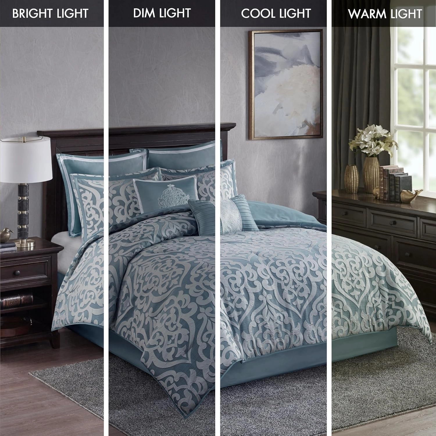 Madison Park Odette Cozy King Size Comforter Set Jacquard Damask Medallion Design - Modern All Season, Down Alternative Bedding, Shams, Decorative Pillows, King(104 in x 92 in), Aqua