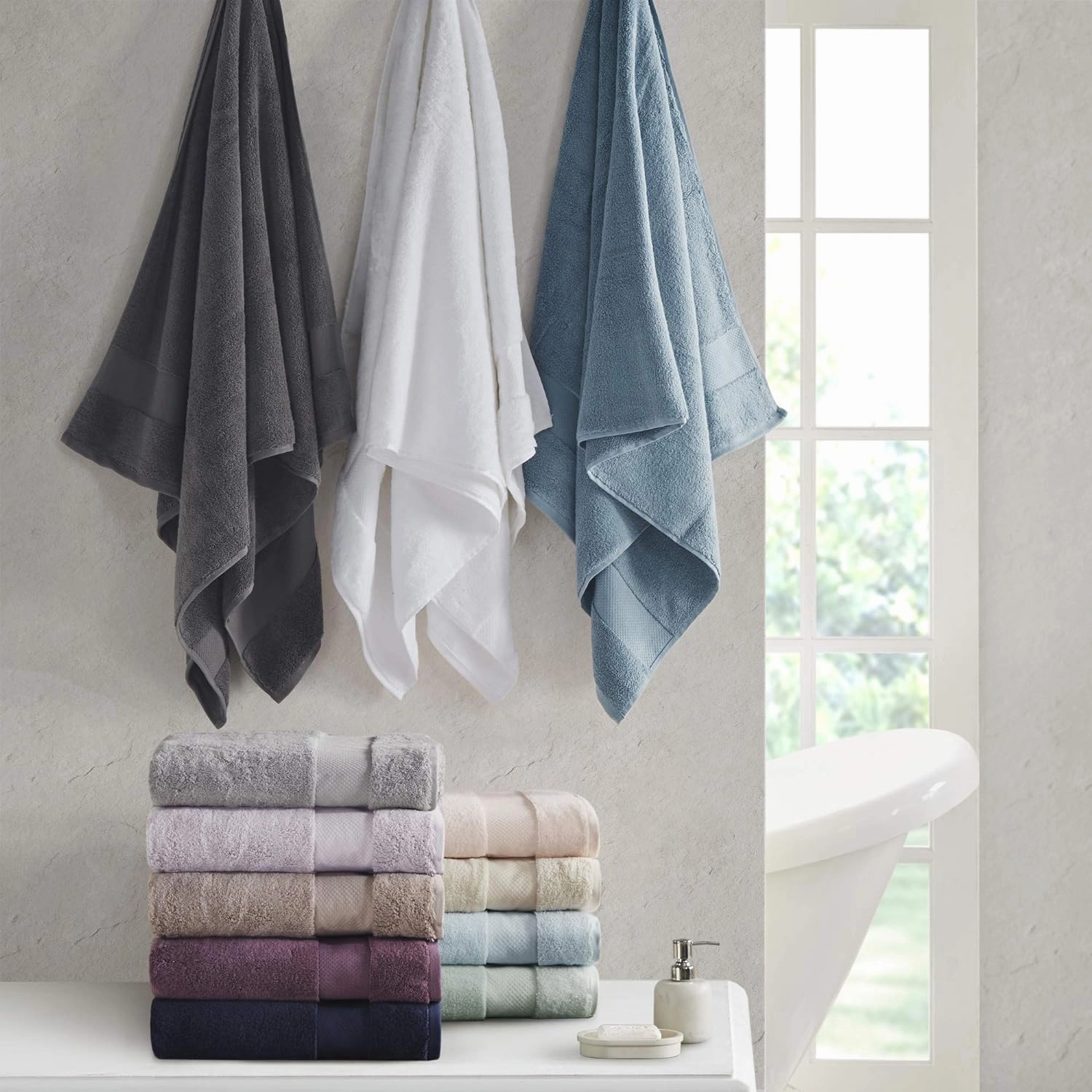 Madison Park Turkish 100% Cotton 600Gsm Luxury Premium Thick Soft Absorbent Hotel Bathroom Towel Set Shower Hand Face Washcloths, Assorted Sizes, Blue 6 Piece