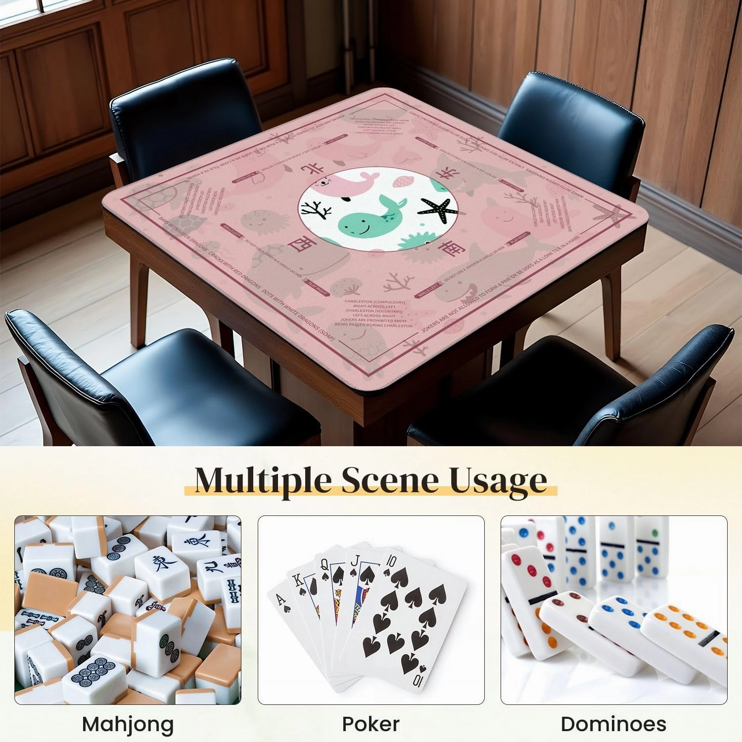 Mahjong Mat for Table Sea Animals Fish Seamless Simple Cartoon Hand Drawn Style 31.5" x 31.5" Non-Slip Noise-Reducing Game Mat Premium Mahjong Accessories for Poker Dominoes Board Games