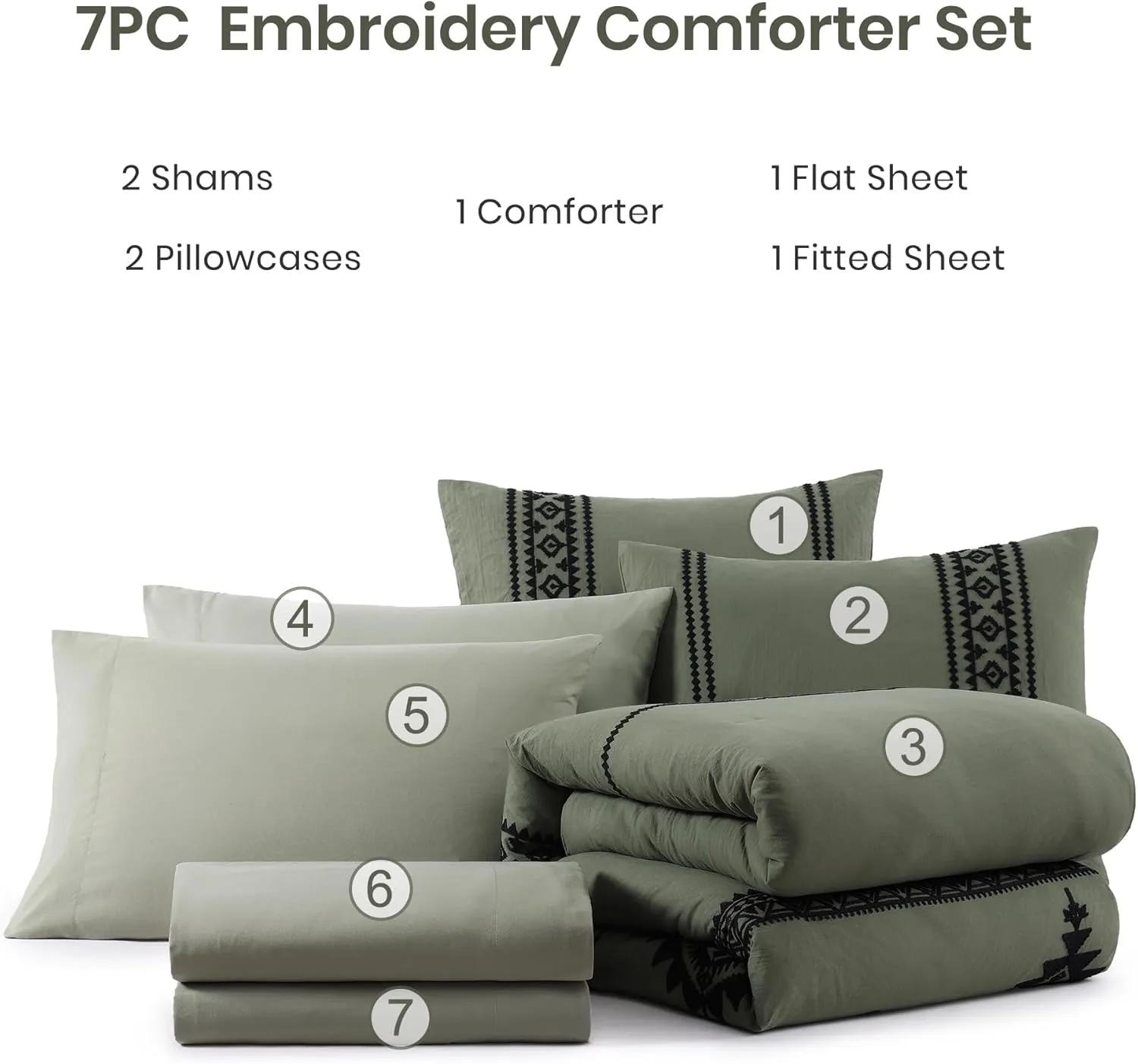 MAIREVE Olive Green Embroidery Comforters Set Queen Size - 7 Pieces, Farmhouse Western Bedding All Season Bed in A Bag Queen, Boho Comforter Set with Sheets, Pillowcases & Shams