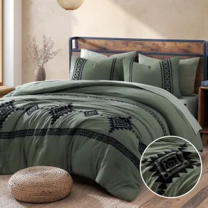 MAIREVE Olive Green Embroidery Comforters Set Queen Size - 7 Pieces, Farmhouse Western Bedding All Season Bed in A Bag Queen, Boho Comforter Set with Sheets, Pillowcases & Shams