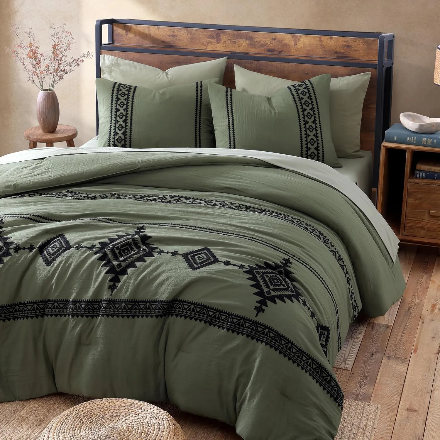 MAIREVE Olive Green Embroidery Comforters Set Queen Size - 7 Pieces, Farmhouse Western Bedding All Season Bed in A Bag Queen, Boho Comforter Set with Sheets, Pillowcases & Shams