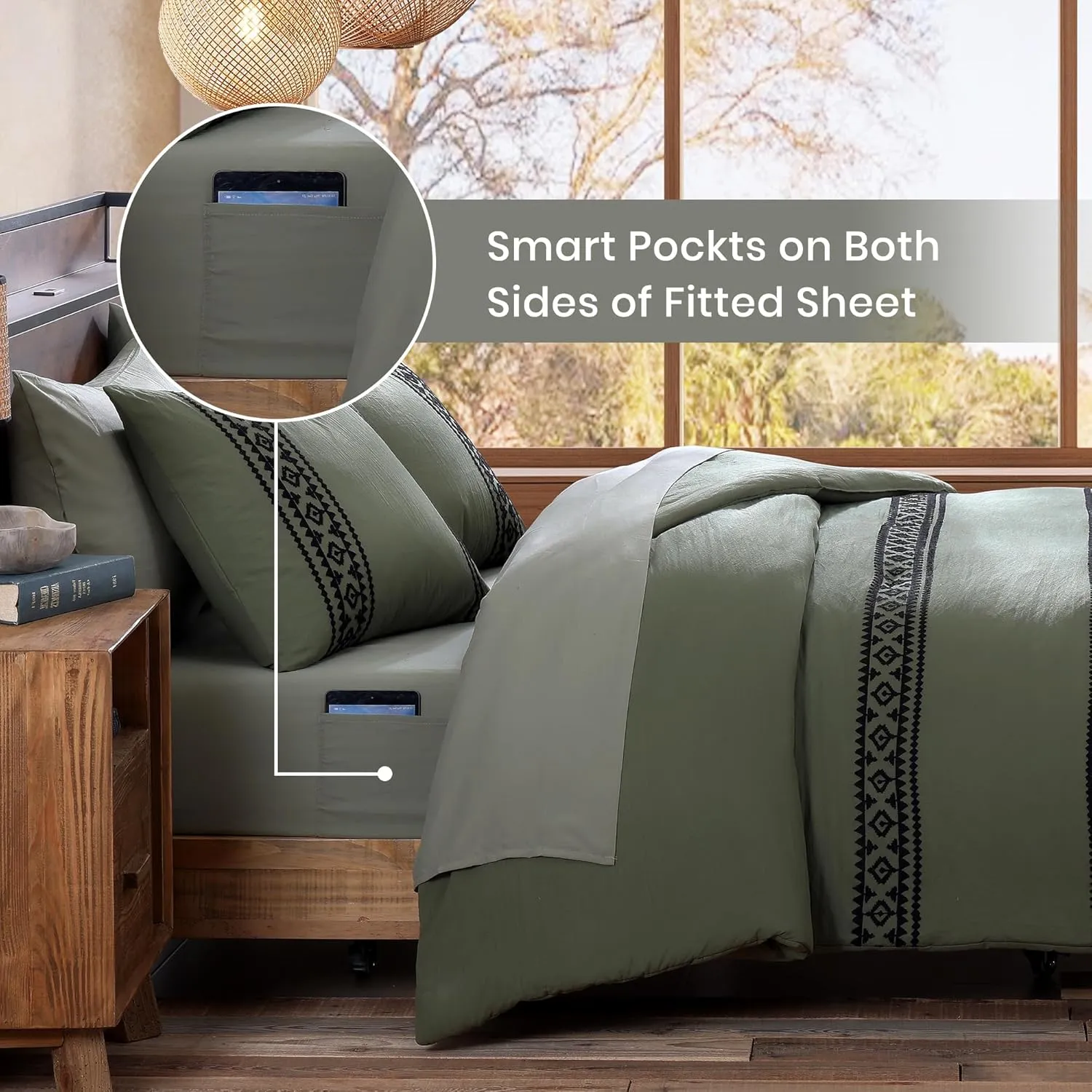 MAIREVE Olive Green Embroidery Comforters Set Queen Size - 7 Pieces, Farmhouse Western Bedding All Season Bed in A Bag Queen, Boho Comforter Set with Sheets, Pillowcases & Shams