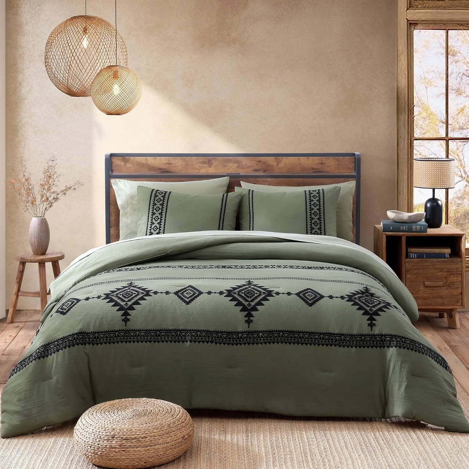 MAIREVE Olive Green Embroidery Comforters Set Queen Size - 7 Pieces, Farmhouse Western Bedding All Season Bed in A Bag Queen, Boho Comforter Set with Sheets, Pillowcases & Shams