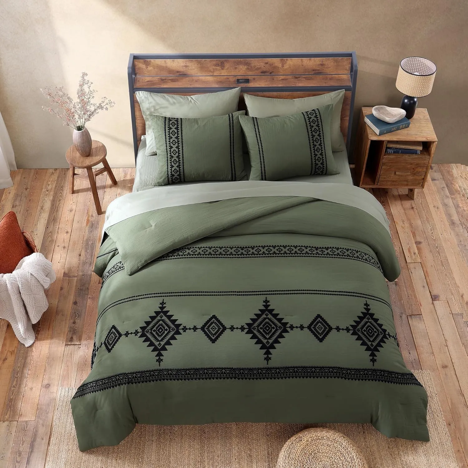 MAIREVE Olive Green Embroidery Comforters Set Queen Size - 7 Pieces, Farmhouse Western Bedding All Season Bed in A Bag Queen, Boho Comforter Set with Sheets, Pillowcases & Shams