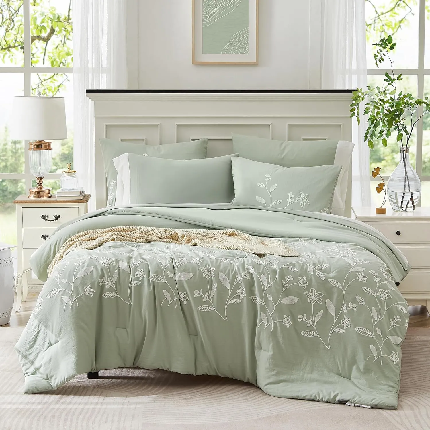 MaiRêve Queen Size Comforter Sets, Embroidery Queen Bedding Sets 7 Pieces, Sage Green Comforter Set Queen Size, All Season Bed in A Bag Queen with Sheets, Comforter,Pillowcase & Shams